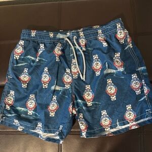 MC2 Saint Barth Blue Swim Trunks with sharks and watches design men’s large